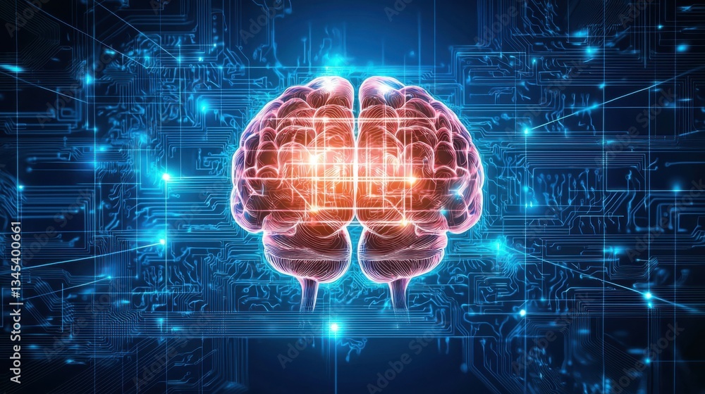Poster brain positioned on a circuit board highlighting the concept of cognitive networking and technologic