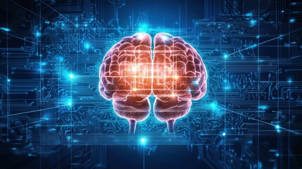 Fototapeta premium Brain positioned on a circuit board highlighting the concept of cognitive networking and technological innovation