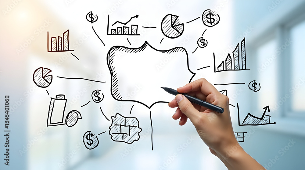 Poster hand drawing business graphs and charts with a pen in a modern workspace.
