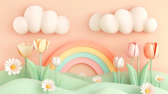 Dreamy garden setting with simplified cartoon elements, pastel rainbow emerging from behind rounded cumulus clouds in peach and mint tones, stylized tulips and daisies with gentle gradients, rolling