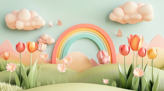 Dreamy garden setting with simplified cartoon elements, pastel rainbow emerging from behind rounded cumulus clouds in peach and mint tones, stylized tulips and daisies with gentle gradients, rolling