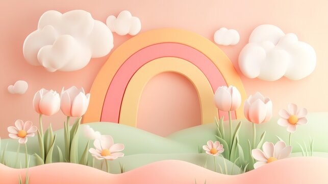 Dreamy garden setting with simplified cartoon elements, pastel rainbow emerging from behind rounded cumulus clouds in peach and mint tones, stylized tulips and daisies with gentle gradients, rolling