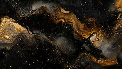 Abstract Black And Gold Swirling Galaxy Design With Shimmering Stars And Metallic Accents With A Modern Artistic Feel, Perfect As A Background Image. It's A Sophisticated and