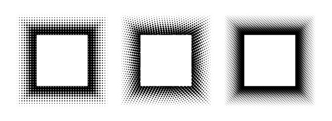 Black halftone square frame set. Dotted gradient border collection. Pop art comic dot picture holder design for banner template, copy space, emblem, poster, box. Vector rasterized framing element pack