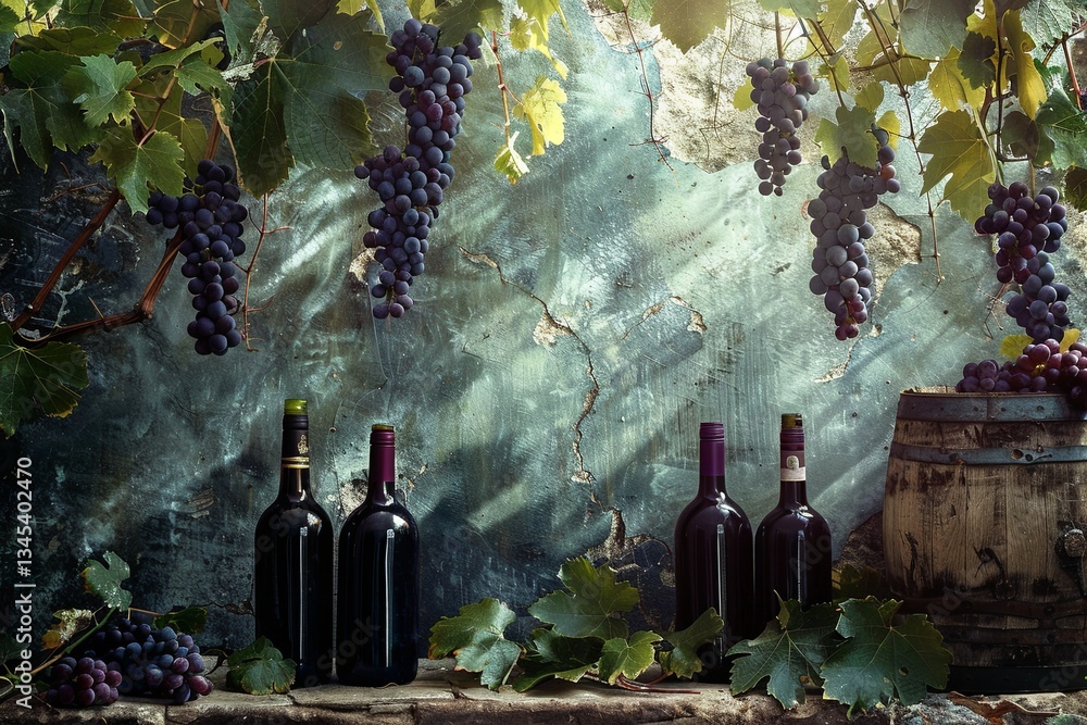 Poster Grape vines with wine bottles displayed in a cozy winery setting during a warm afternoon Generative AI