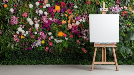 Colorful Floral Background with Empty Canvas on Wooden Easel for Creative Projects