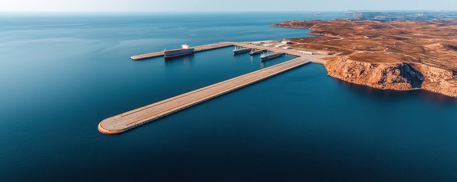 Maritime Energy Efficiency Innovation Concepts. Aerial view of a harbor with boats and a long pier extending into the sea.