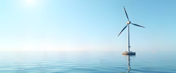 Wind turbine in calm ocean waters under a clear blue sky.