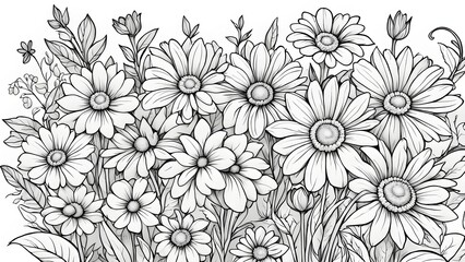 Close-up a detailed line drawing showcasing a lush bouquet daisies assorted foliage.
