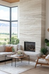 Modern living room with a stone fireplace and panoramic views