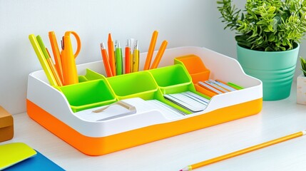 Fototapeta premium Vibrant Office Desk Organizer with Greenery Accent