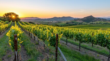 Fototapeta premium Serene Sunset Over Lush Vineyard Landscape in Rolling Hills with Dramatic Sky and Golden Sun