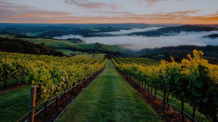 Naklejka premium Scenic Vineyard Landscape at Sunrise with Rolling Hills and Morning Mist Over Fields