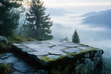 ancient stone platform overlooking misty mountain valley at dawn mosscovered rocks and pine forest creating mystical natural stage