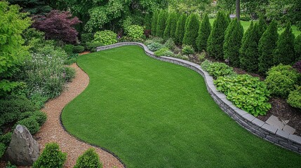 aerial view garden landscape, manicured green lawn, curved grey stone edging blocks, fresh bark mulch border, lush green shrubs, geometric garden design, professional landscaping, ornamental bushes,