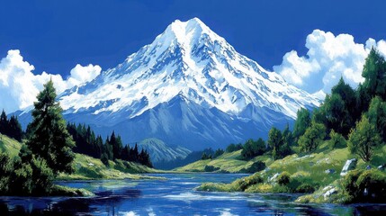 Majestic mountain overlooking a serene valley with a lake. Lush green forests meet the snow-capped peak under a vibrant sky
