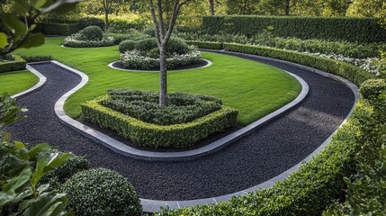 overhead garden composition, formal landscaping design, curved granite pavers edging, verdant grass carpet, dark mulch pathways, manicured boxwood shrubs, precise garden borders, professional garden