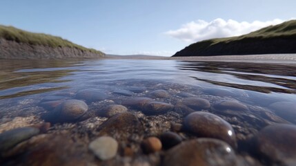 Obraz premium Crystal clear shallow water over smooth river stones. A tranquil coastal scene