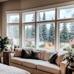 Cozy Living Room for Bay Window View, Autumn.