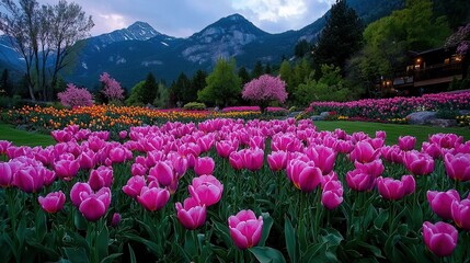 Fototapeta premium Vibrant Pink Tulips in Full Bloom with Majestic Mountains and Spring Gardens Background