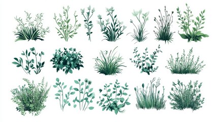 minimalist grass patch illustrations, spring green botanical elements, casual sketch technique, isolated lawn segments, natural growth patterns, professional vector artwork, environmental design
