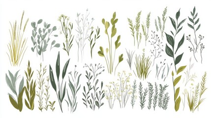 simple grass tufts illustration set, olive green color palette, hand drawn botanical elements, minimal nature design, varied heights grass blades, clean white background, modern vector style, organic