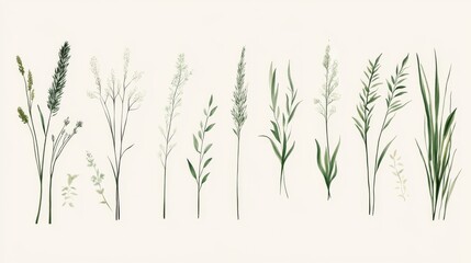 Obraz premium whimsical grass cluster collection, fresh green vegetation shapes, playful botanical drawings, linear grass blade arrangement, simple nature motifs, organic garden elements, professional illustration