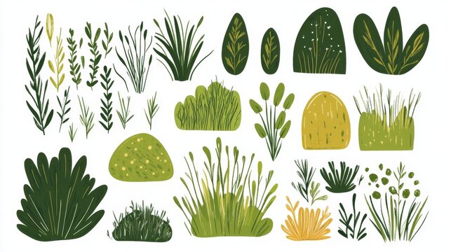 modern grass patch vectors, stylized lawn elements, organic botanical shapes, hand sketched aesthetic, professional garden graphics, simple nature motifs, clean design approach, bright green palette,