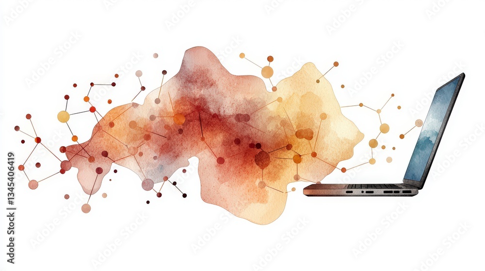 Poster digital connections: a modern laptop is interconnected with an abstract network of data, symbolizing