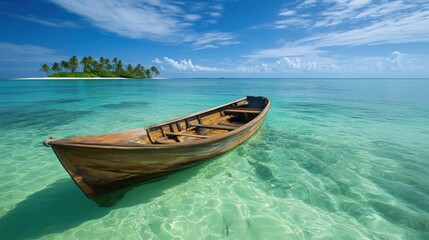 Naklejka premium A small wooden boat floating on clear shallow waters near a tropical island
