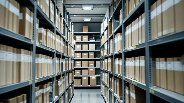 Shelves filled with historical documents in a temperature-controlled archive room, designed to ensure longevity and protection