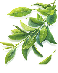 Obraz premium Illustration of matcha tea leaves, harvesting, processing, traditional tools, tea ceremonies, matcha beverages, desserts, and green tea plantations on a white background.