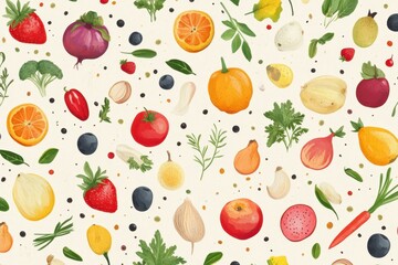 pattern of variety fresh of organic fruits and vegetables and healthy vegan meal ingredients on beige background