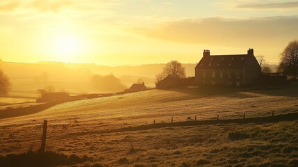 Obraz premium tranquil rural vista, traditional stone farm buildings, patchwork fields and meadows, grazing livestock silhouettes, historic agricultural landscape, golden sunset lighting, ancient woodland edges,