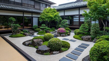 Fototapeta premium Tranquil Japanese Zen Garden with Lush Greenery and Serene Pathways for Outdoor Relaxation