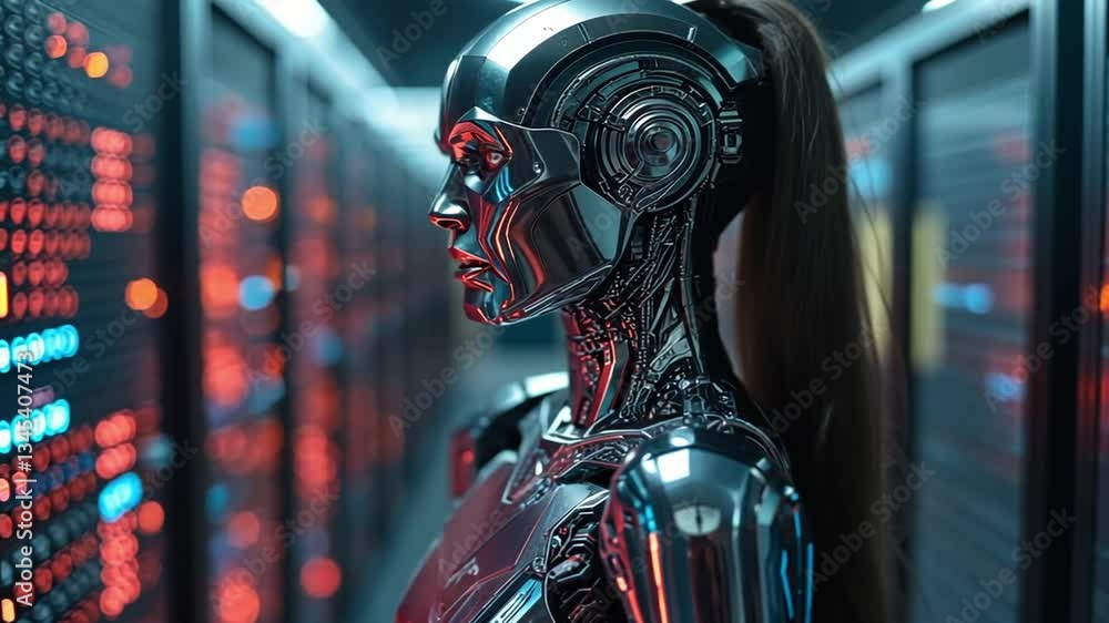 Poster futuristic humanoid robot standing in a data center with glowing servers and a metallic finish showc