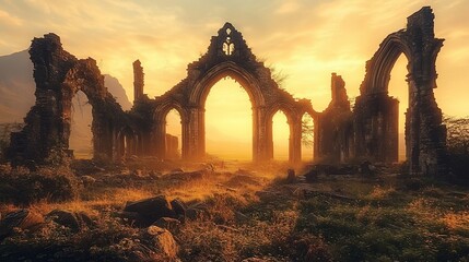 Sunlit Gothic ruins at sunrise, mist-shrouded, evocative of history and decay