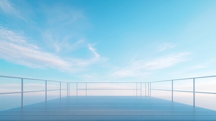 Modern minimalist outdoor stage platform floating above ground, soft ethereal white glow emanating between metal safety railings and wooden floor boards, pristine cerulean blue sky with wispy cirrus