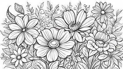 Detailed black white illustration a lush floral bouquet featuring various flowers leaves.