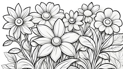 A detailed close-up a black white line art illustration featuring a bouquet intricately drawn flowers leaves.
