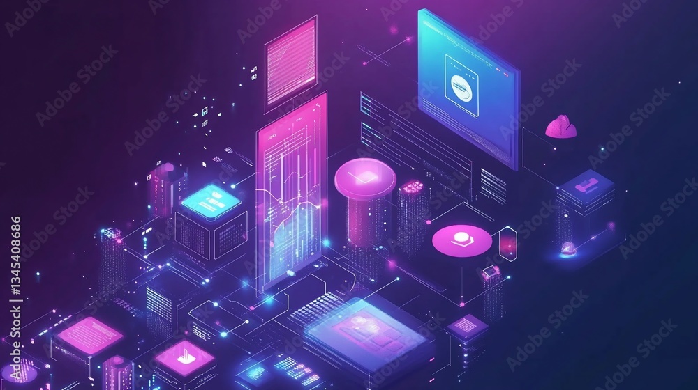 Poster futuristic data network visualization with glowing digital elements
