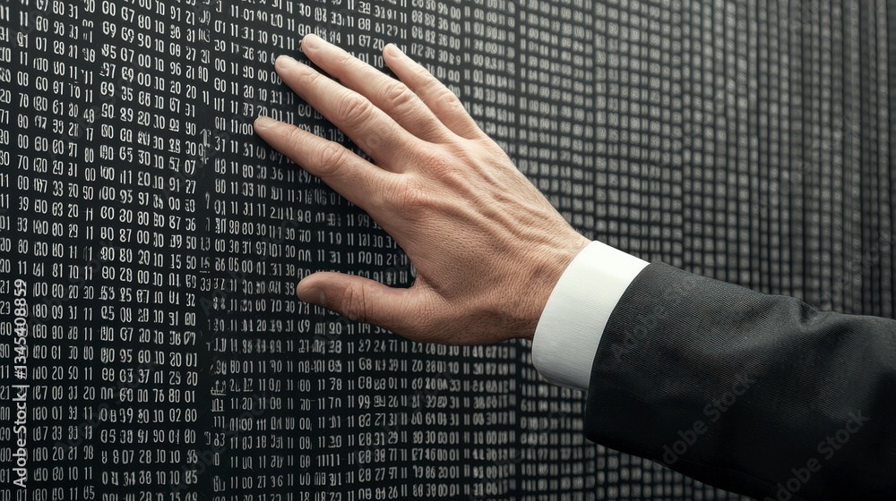 Poster digital touch: a hand in a suit interacts with a digital data display, symbolizing human interaction