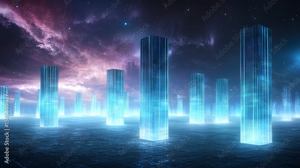 Poster futuristic ai powered 3d automation visualizes seamless cloud driven digital shopping experiences wi