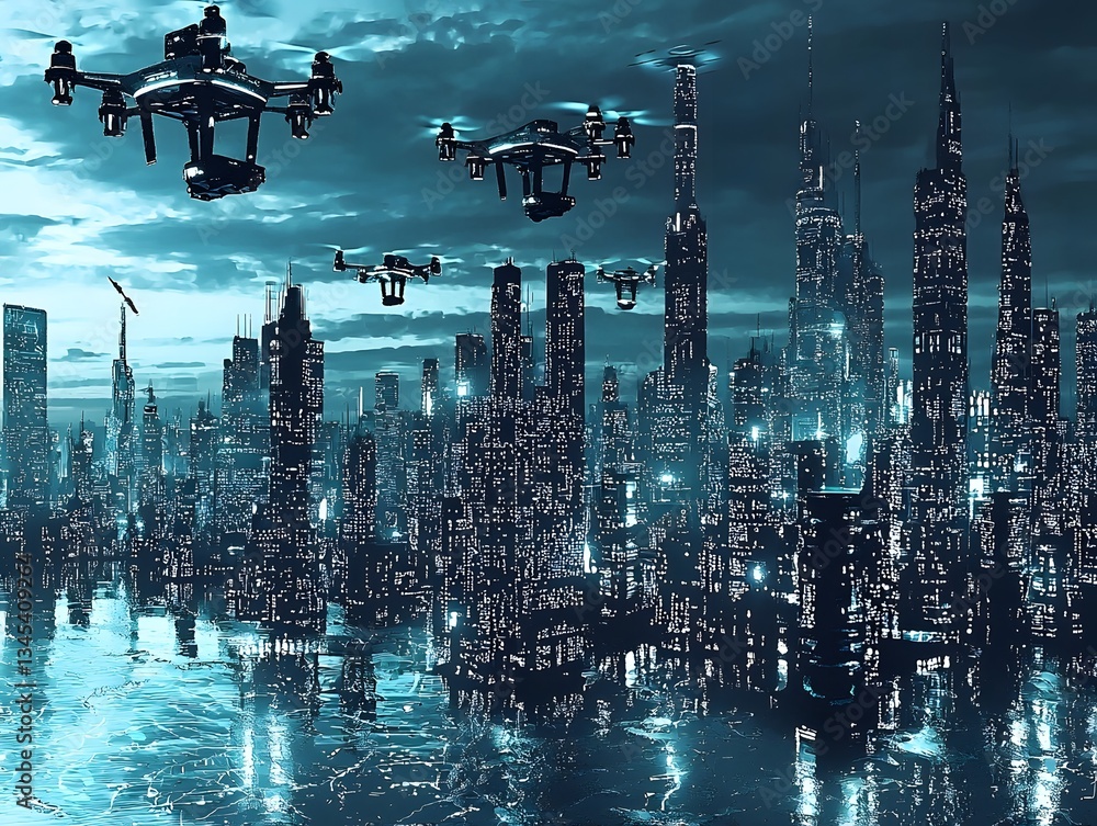 Poster futuristic cityscape with a towering skyline of glowing smart buildings and a network of drone deliv