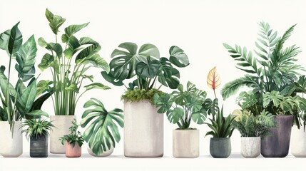 Fototapeta premium Contemporary arrangement of indoor plants, statement monstera in minimalist concrete planter, climbing philodendron on moss pole, blooming anthurium in metallic pot, clustered ferns in vintage