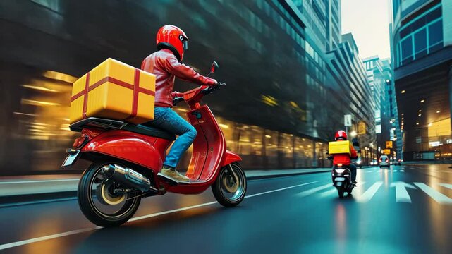 delivery scooter with packages, bright colors, urban background, fast and efficient, motion blur, focus on action, cheerful and dynamic, express service, close-up view