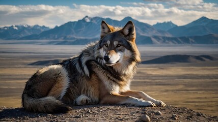 Lone Tibetan Wolf Relaxing in the Shade, Overlooking a Vast Plateau and Rugged Mountains