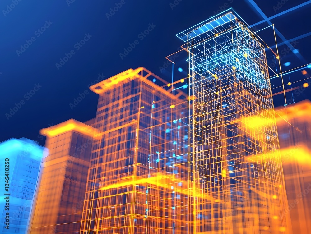 Poster futuristic wireframe city model displaying cutting edge smart infrastructure development and plannin