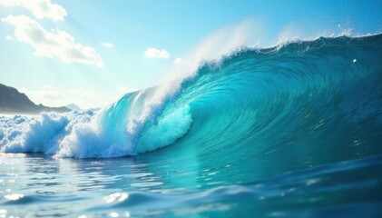 Obraz premium Ocean wave crashes, vibrant blue water, sunlit foam , image, nature