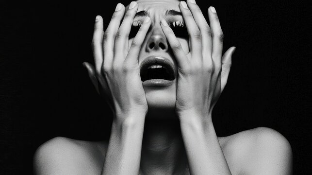 Black and white photograph of a person screaming with hands covering face